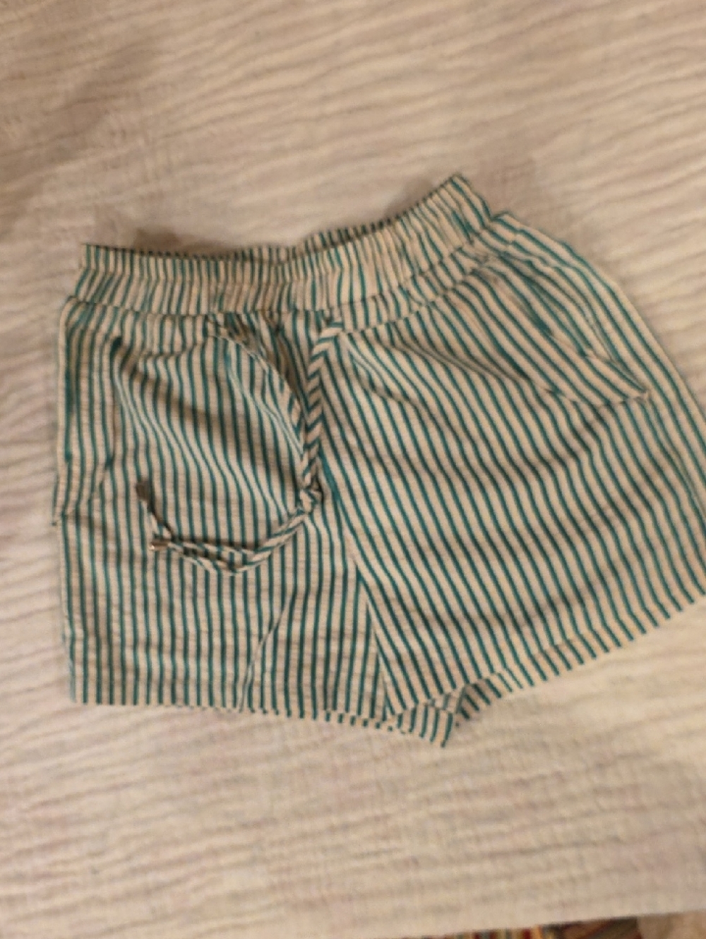 High-Waist Green Striped Seersucker  Women's Shorts with Elastic Waist